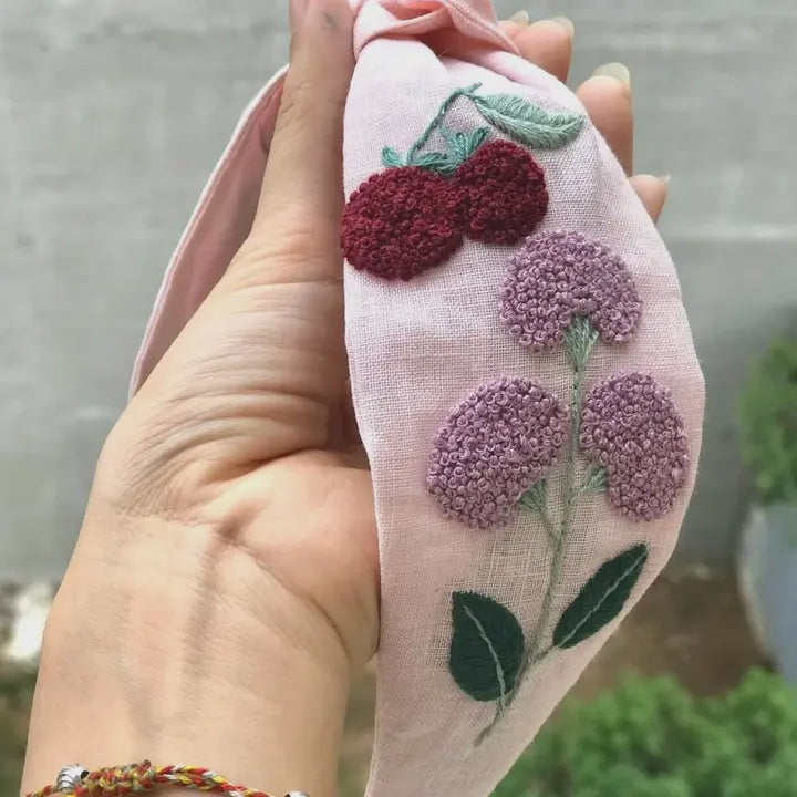 Embroidered Linen Turban Knot Headband - Hydrangea Pink