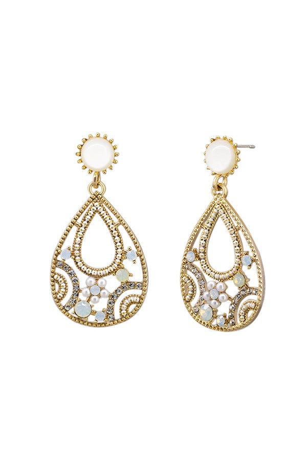 Alessandra White Crystal Stud Drop Earrings - Gold