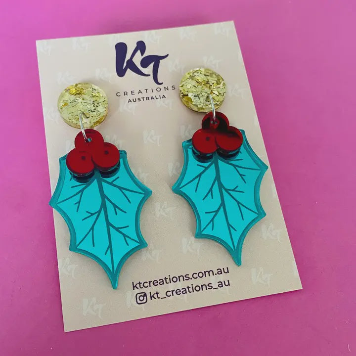 Christmas Holly Gold Sparkle Acrylic Earrings