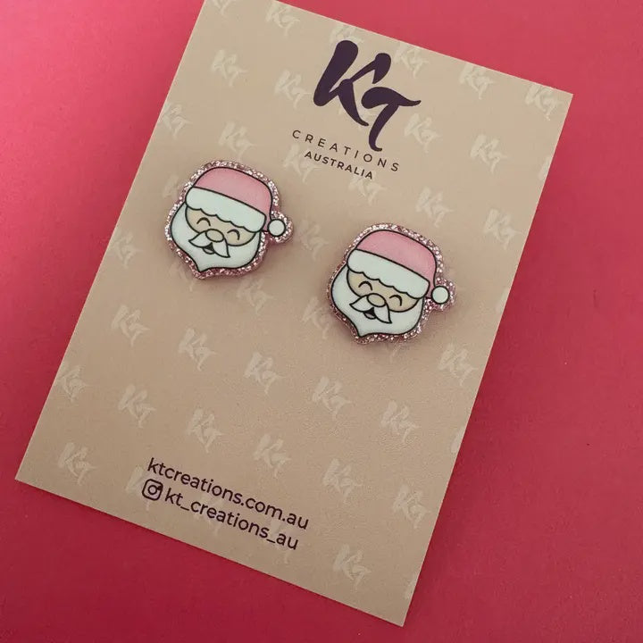 Pink Glitter Santa Christmas Statement Stud Earrings