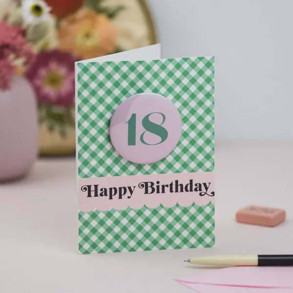 Gingham 18th Birthday Badge Card