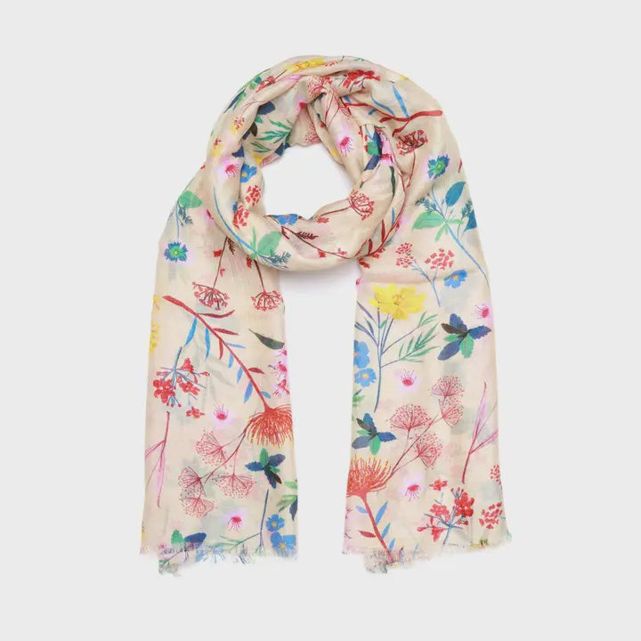 Floral Modal Silk Scarf - White Garden