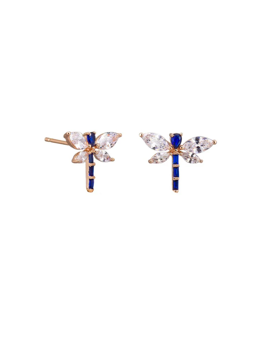 Crystal Dragonfly Stud Earrings, Sapphire - Rose Gold