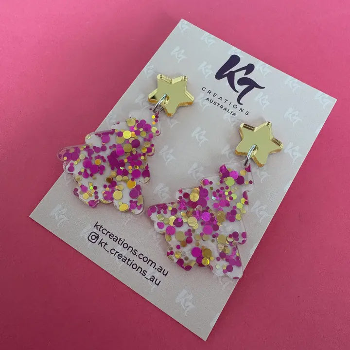 Pink & Gold Polka Dot Christmas Tree Acrylic Earrings