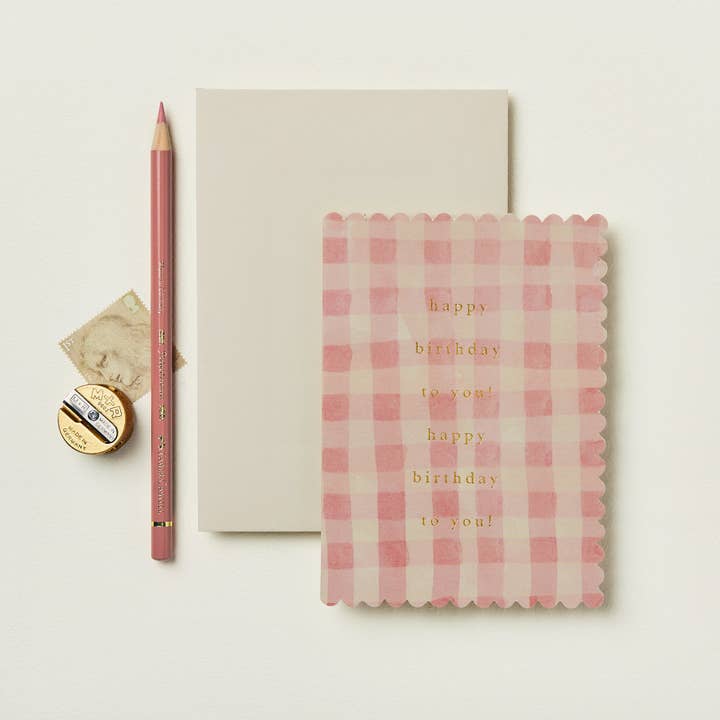 Pink Gingham Happy Birthday Card