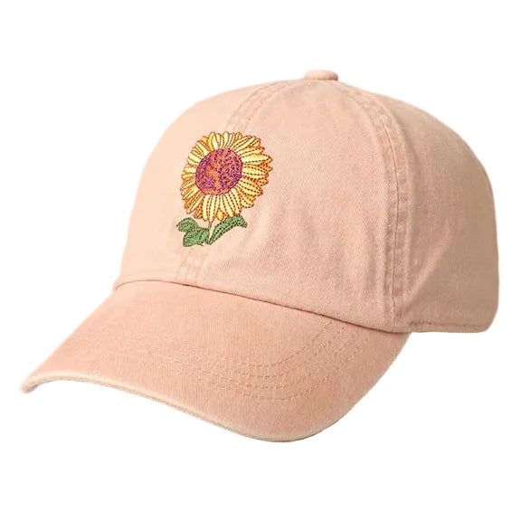 Embroidered Baseball Cap - Sunflower Dusty Pink
