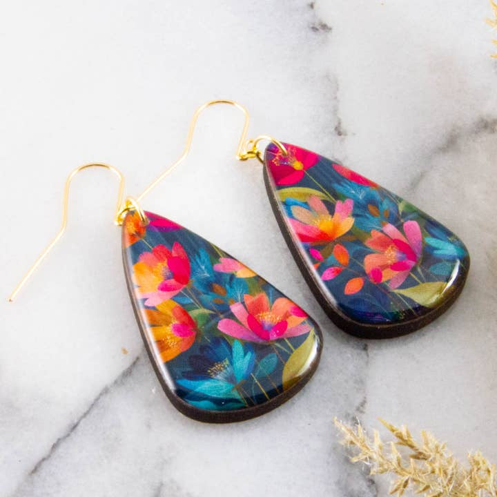 Oversize Teardrop Drop Earrings - Bright Watercolour Floral