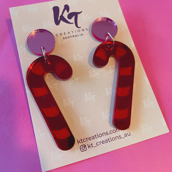 Christmas Pink and Red Candy Cane Acrylic Earrings