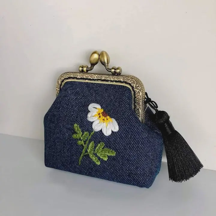 Embroidered Coin Purse - Denim Daisy