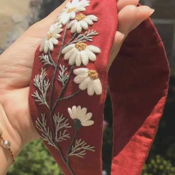 Embroidered Linen Turban Knot Headband - Daisy Garden Red