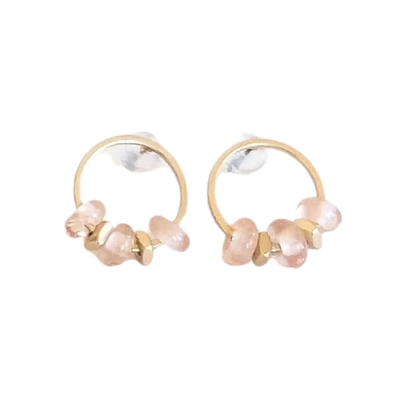 Gold Hollow Circle Stud Earrings with Pink Glass Beads