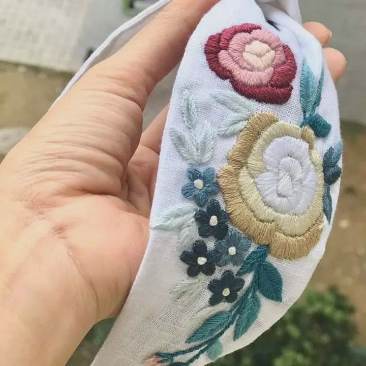 Embroidered Linen Turban Knot Headband - Yellow & Red Roses