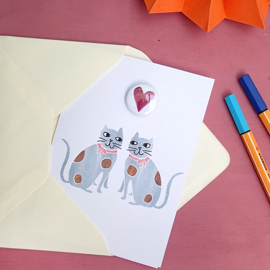 Card With Badge - Staffordshire Heart Cats