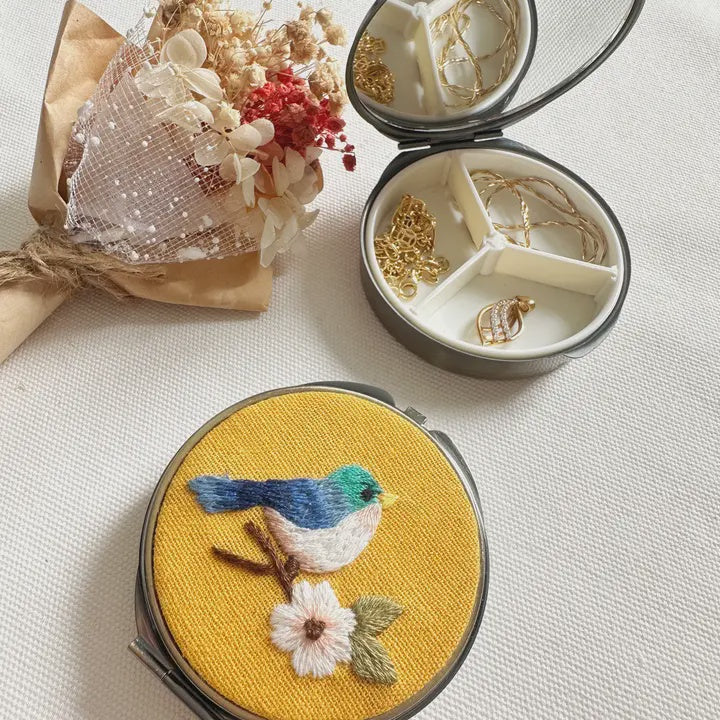 Embroidered Round Jewellery Box - Bird