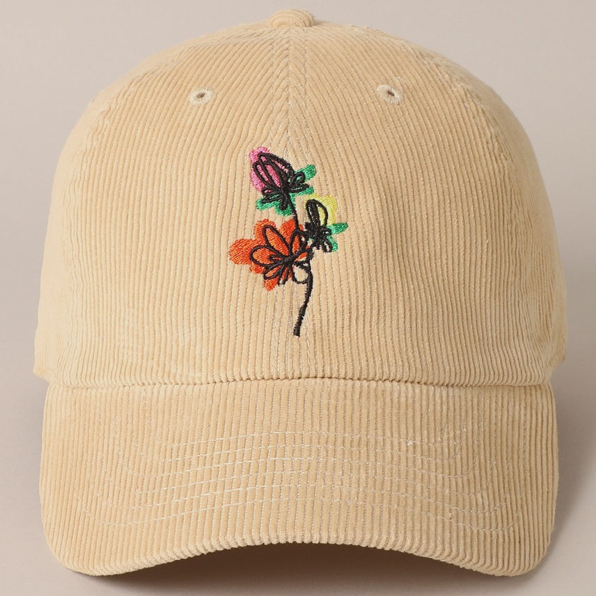 Embroidered Baseball Cap Corduroy - Watercolour Wildflowers - Sand