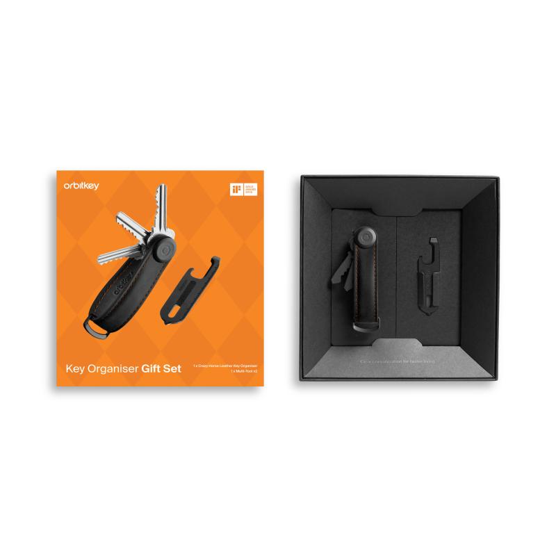 Orbitkey Set with Multitool - Crazy Horse - Black with Orange Stitching