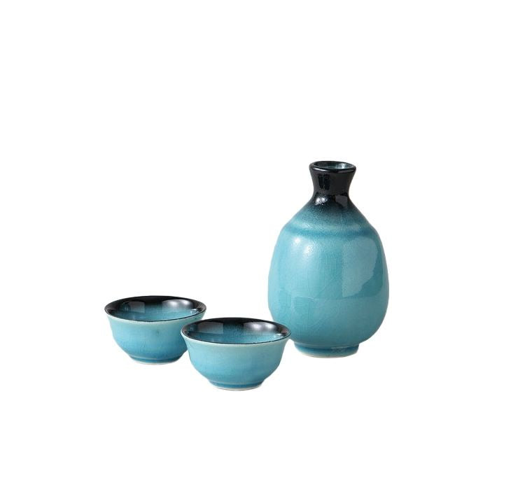 Sake Pot & 2 Cup Set - Turquoise Blue