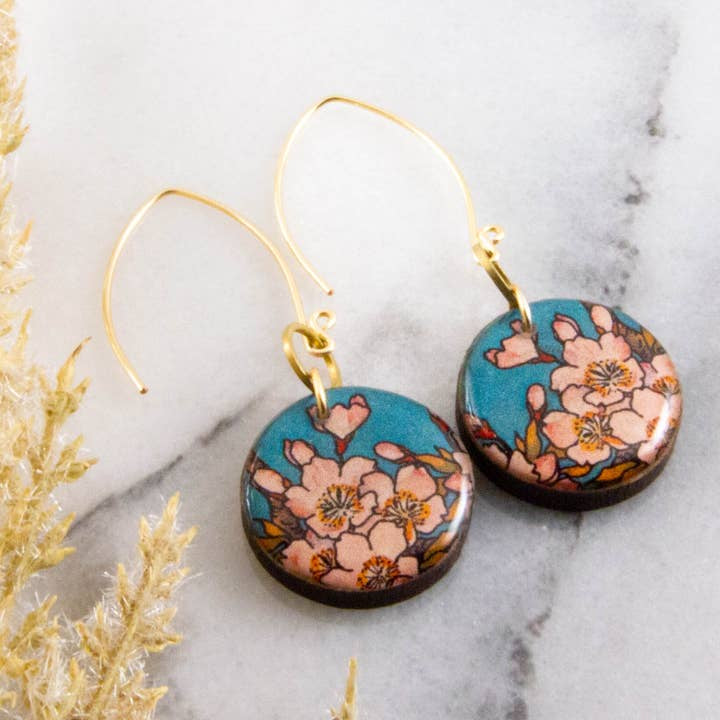 Circle Earrings - Turquoise + Pink Cherry Blossom