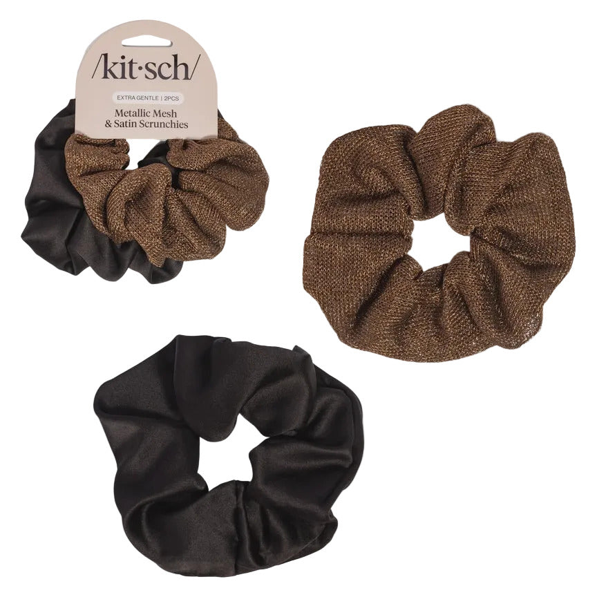Metallic Mesh and Recycled Fabric Satin Scrunchies 2pc Set - Black & Chocolate