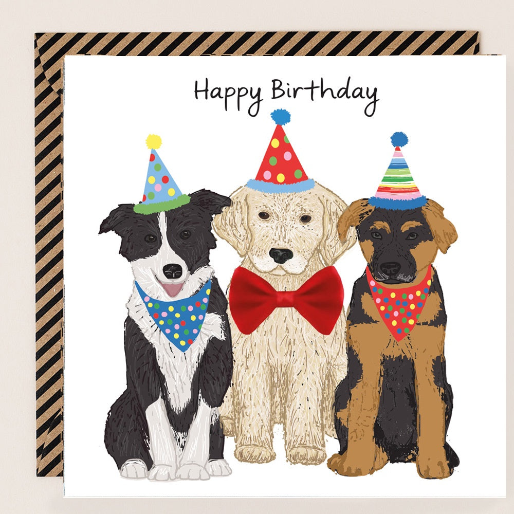 Birthday Retriever, Collie &  German Shepherd with Bow Card