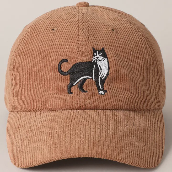 Embroidered Baseball Cap Corduroy - Tuxedo Cat - Mocha