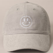 Embroidered Baseball Cap Corduroy - Happy Face - Ice Blue