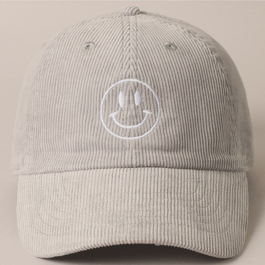 Embroidered Baseball Cap Corduroy - Happy Face - Ice Blue