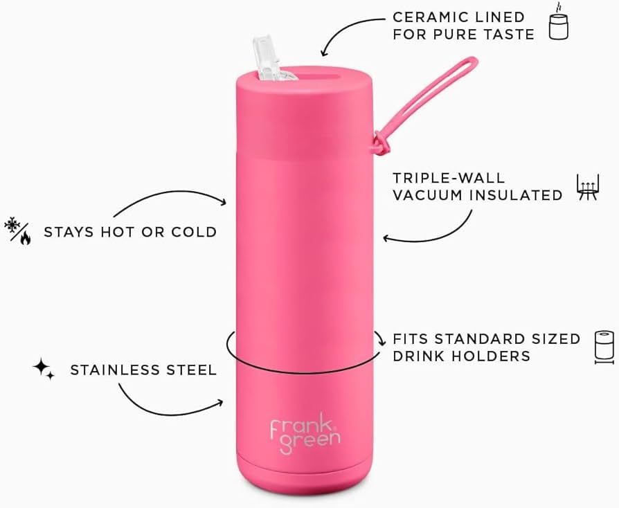 Ceramic Reusable Bottle with Straw Lid 595mL - Neon Pink