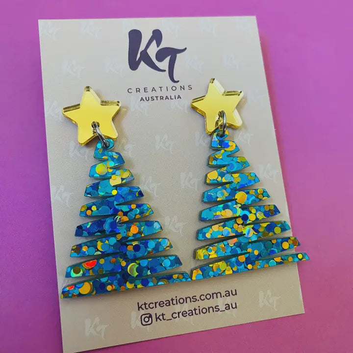 Christmas Tree Aqua Zig Zag Acrylic Earrings
