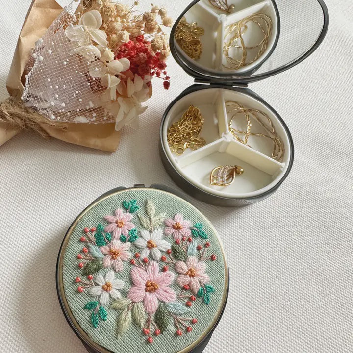 Embroidered Round Jewellery Box - Full Flowers