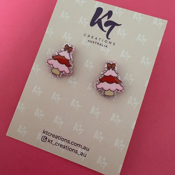 Red Pink Christmas Tree Statement Stud Earrings