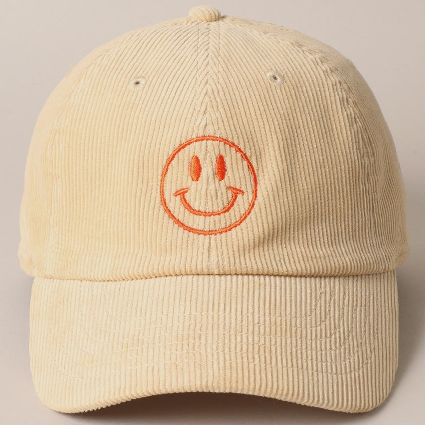 Embroidered Baseball Cap Corduroy - Happy Face - Sand