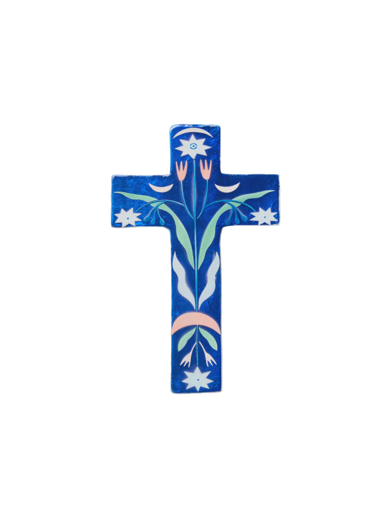 Capiz Shell Art Tile - Fable Blue Floral Cross