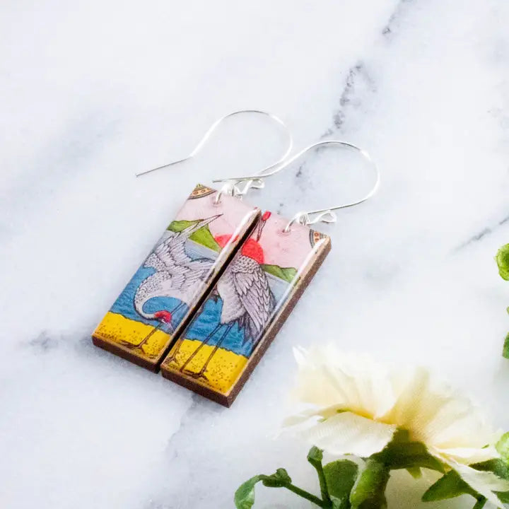 Rectangle Drop Earrings - Vintage Japanese Crane