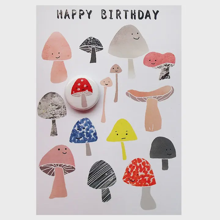 Card With Badge - Happy Birthday Mushrooms