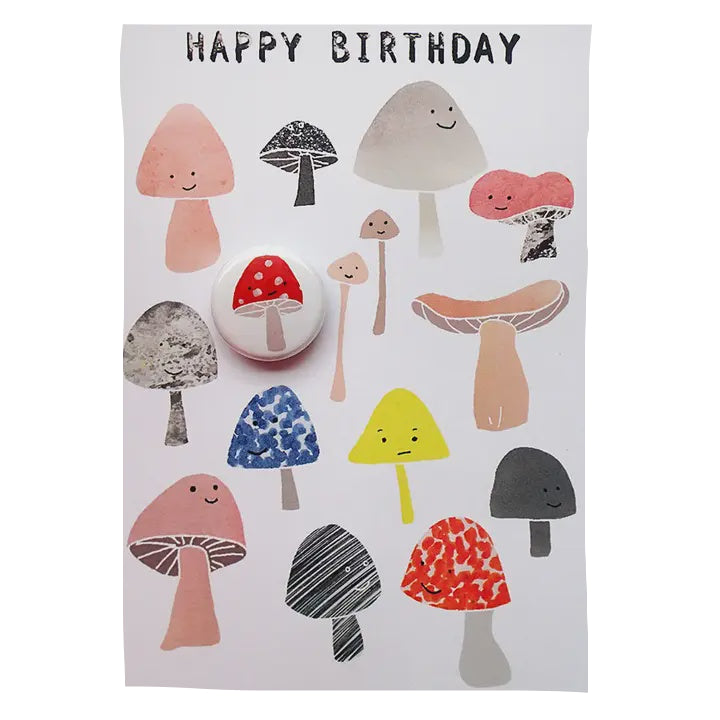 Card With Badge - Happy Birthday Mushrooms