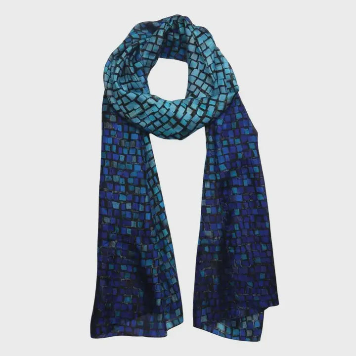 Abstract Pure Silk Scarf - Blue Tile