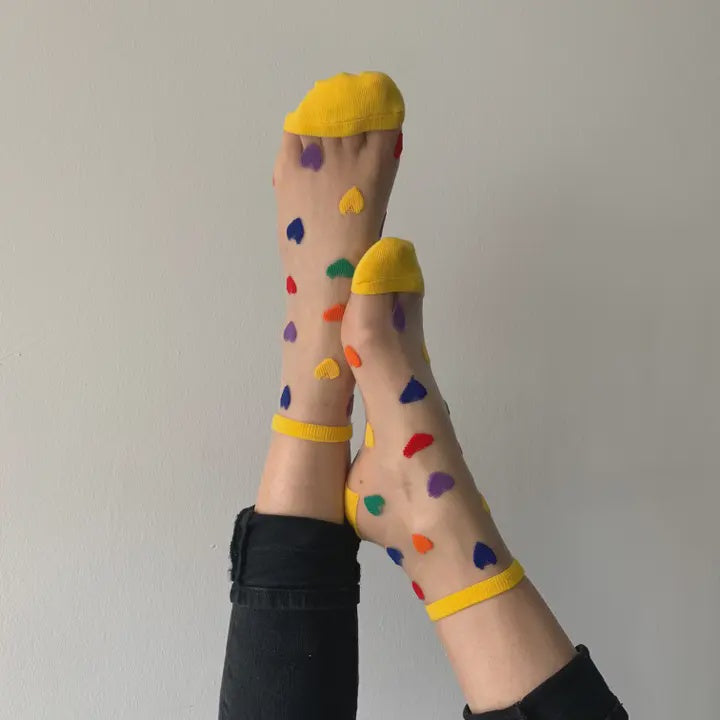 Transparent Mesh Socks - Tutu Multicolored Hearts