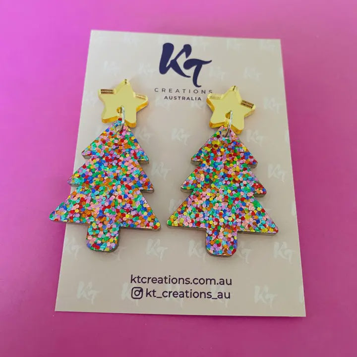 Strawberry Confetti Christmas Tree Acrylic Earrings