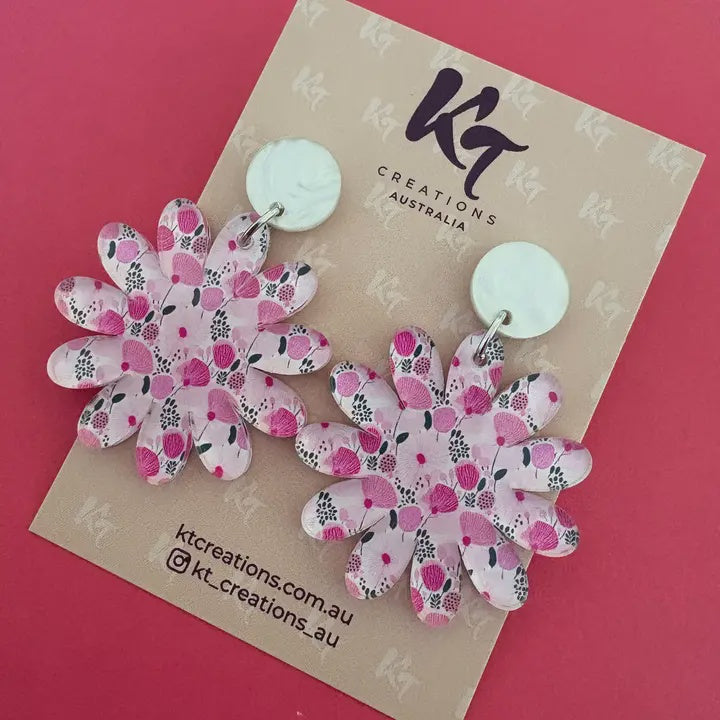 Pink & Red Abstract Floral Acrylic Dangle Earrings