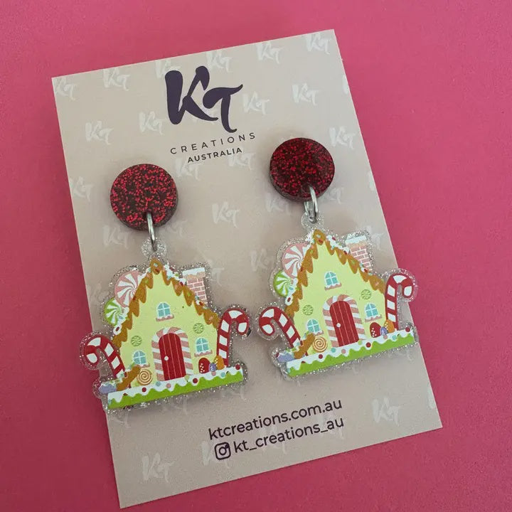Glittery Gingerbread House Acrylic Earrings