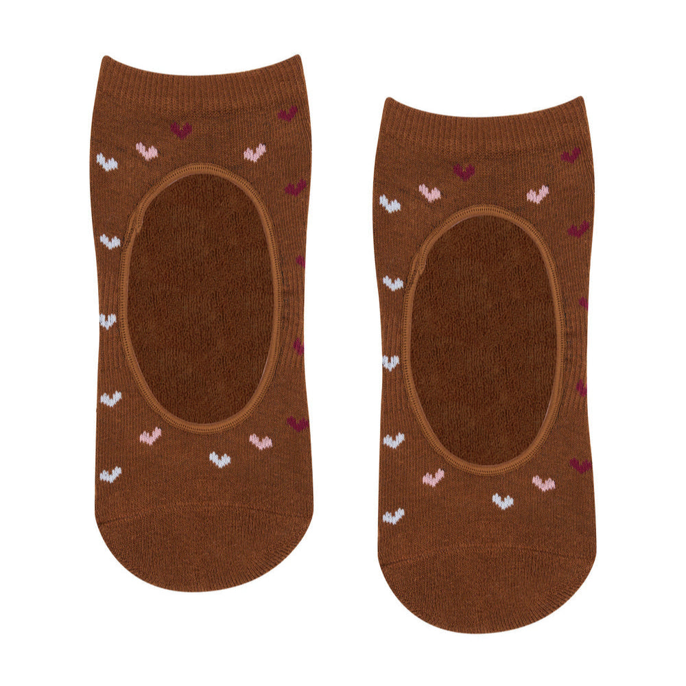 Slide On Grip Socks - Hearts Aflutter Brown