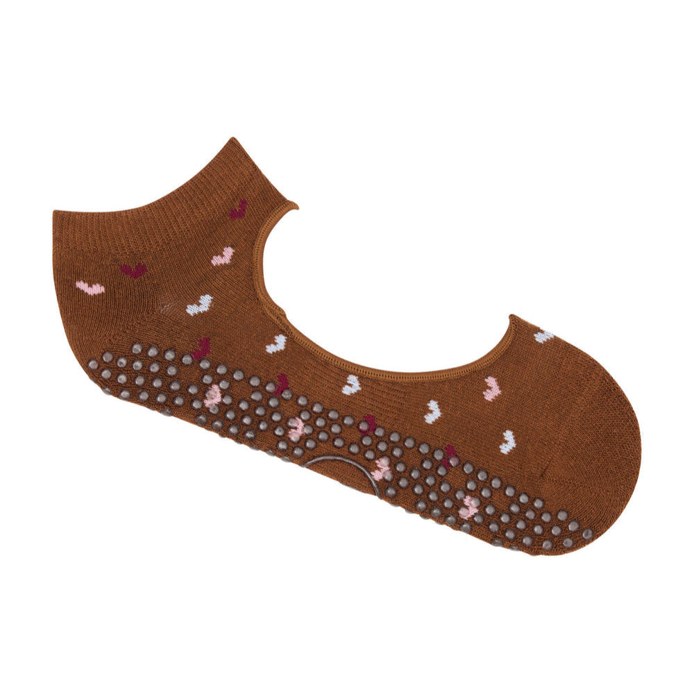 Slide On Grip Socks - Hearts Aflutter Brown