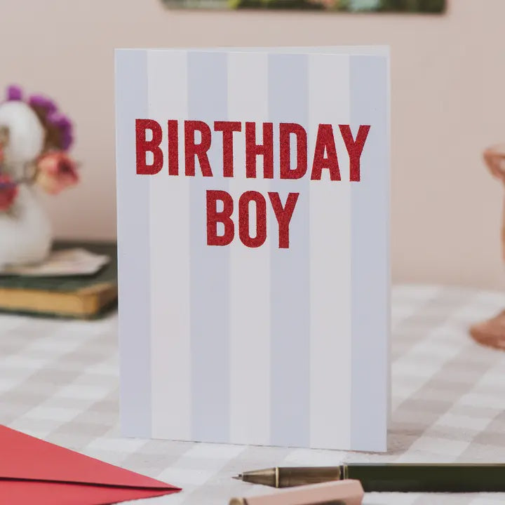 Birthday Boy Stripe and Red Glitter Card