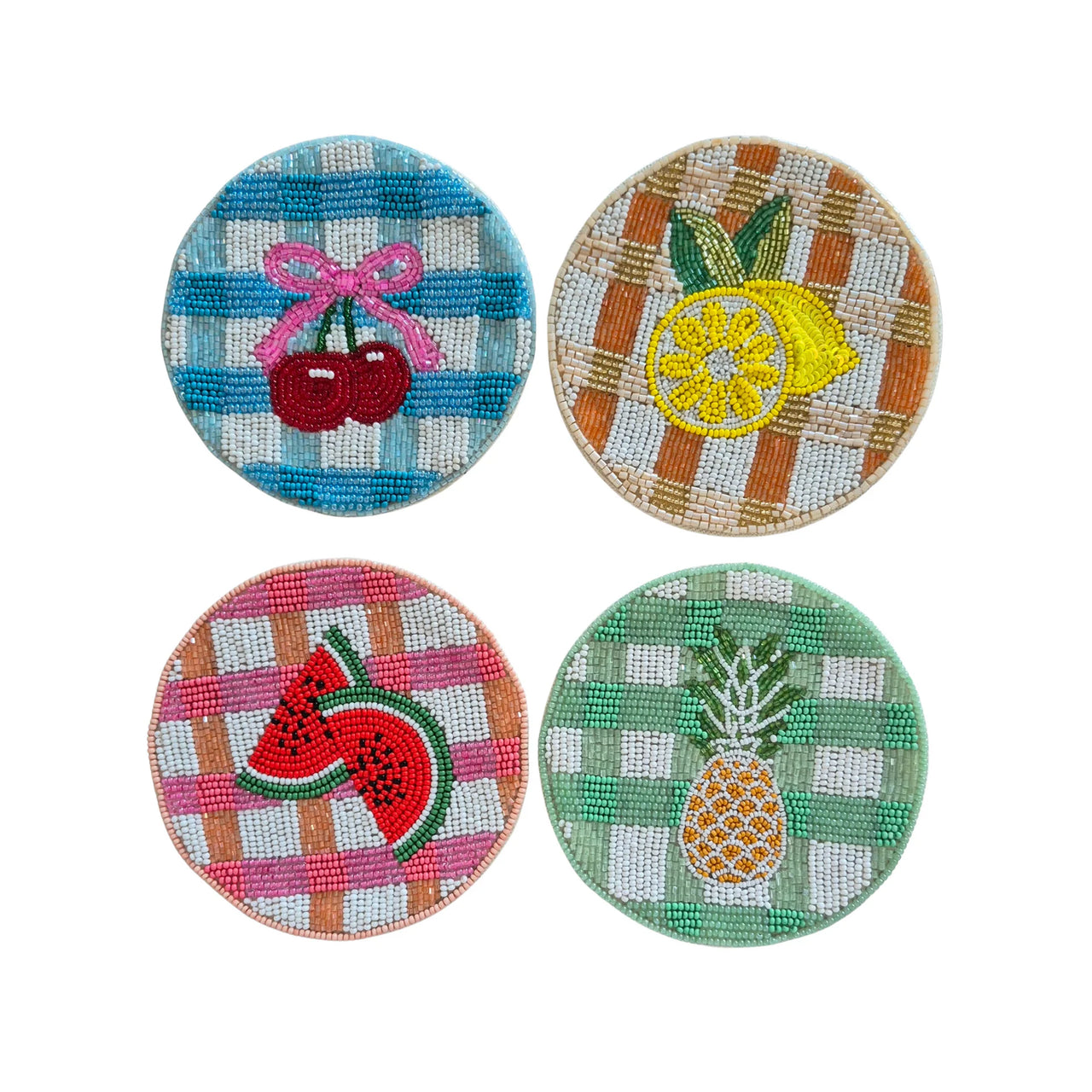 Beaded Coaster Set of 4 - Gingham Fruits