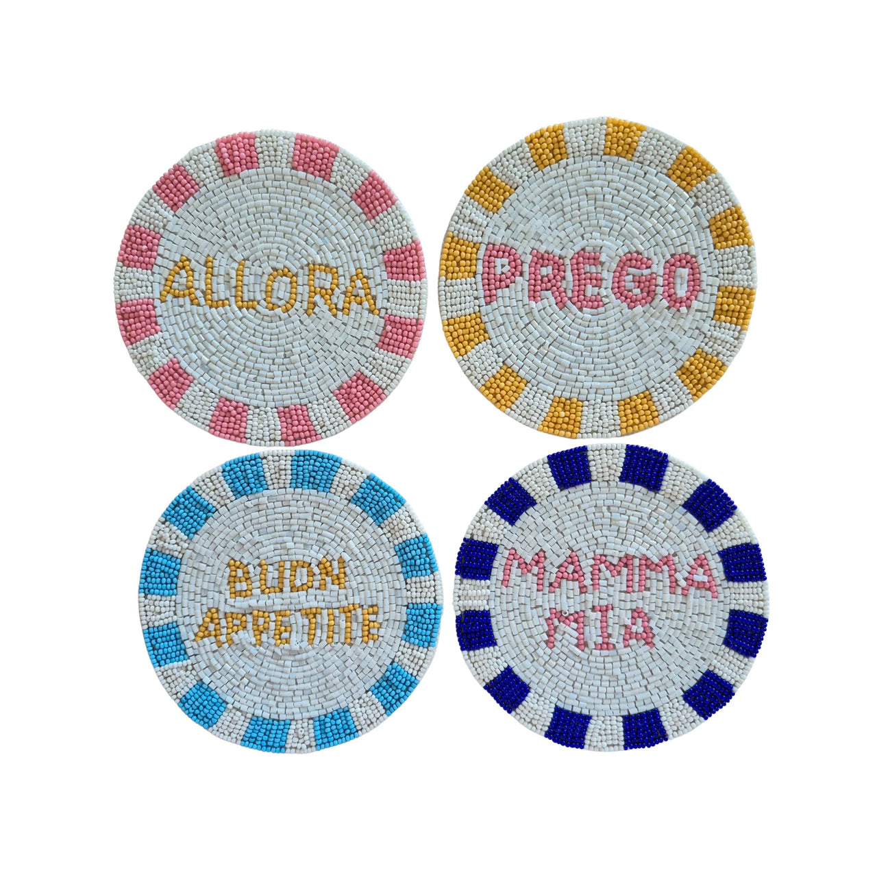 Beaded Coaster Set of 4 - Allora, Prego, Buon Appetite, Mamma Mia