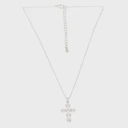 Flower Cross Pendant Necklace - Silver
