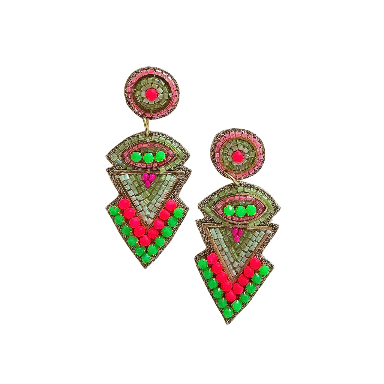 Beaded Triangle Statement Earrings - Pink & Green