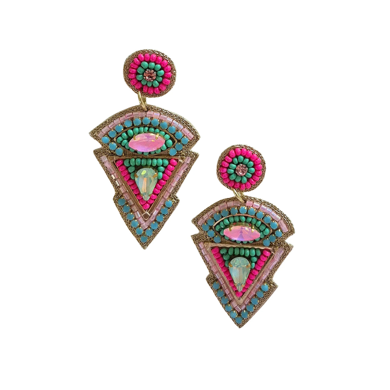 Beaded Triangle Statement Earrings - Pink & Blue
