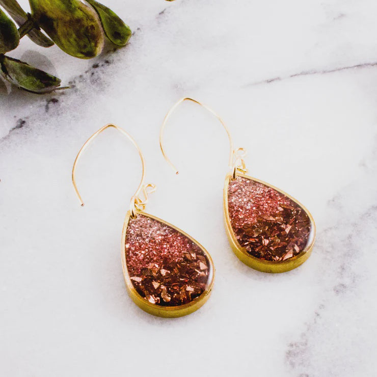 Blush + Copper Glass Glitter Raindrop Earrings
